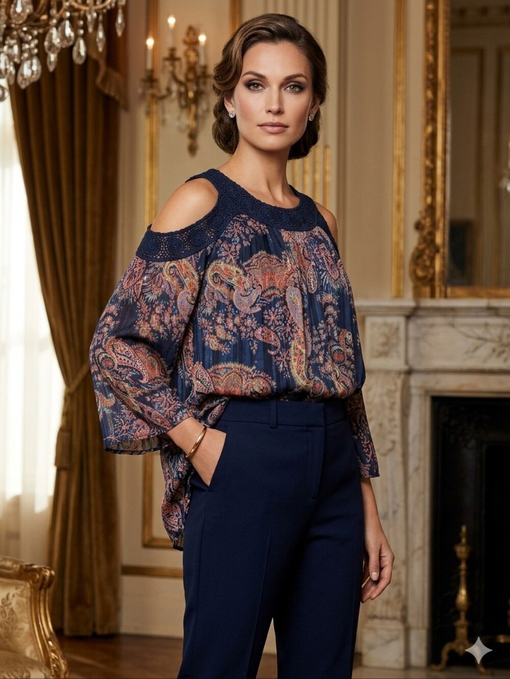 Daniel Rainn Navy Paisley Crochet-Trim Cold-Shoulder Tunic